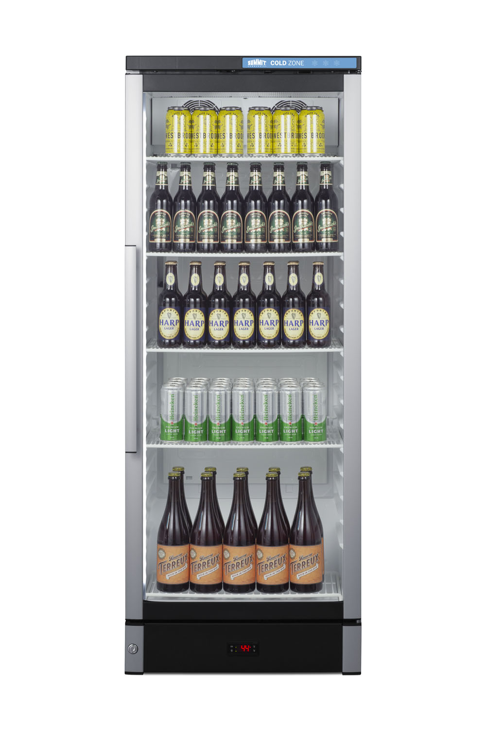 Commercial glass door beverage center with lock